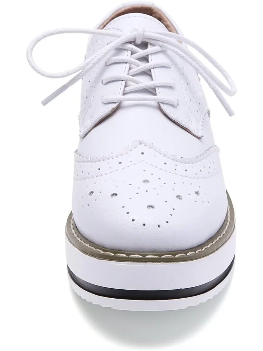 Women's White Round Toe Lace Up Leather Oxford Shoes Wingtip White Platform
